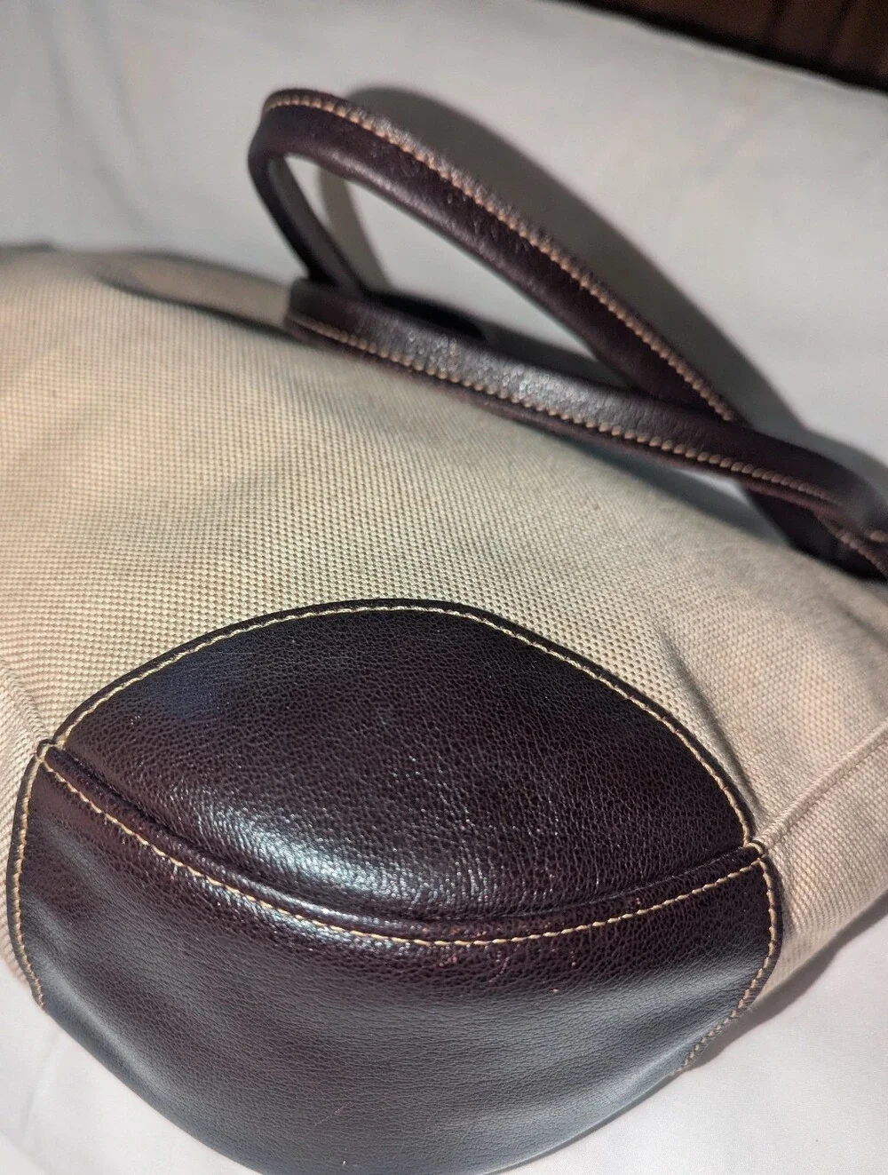 Longchamp Pliage Beige Canvas Tote with Dark Brown Trim Made in France